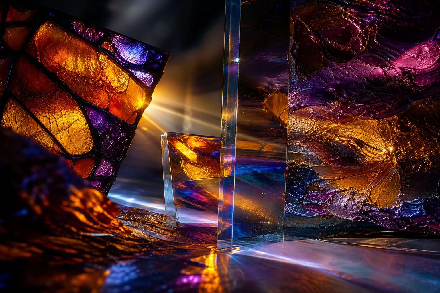 Licht dat door glas en optisch materiaal beweegt in het atelier